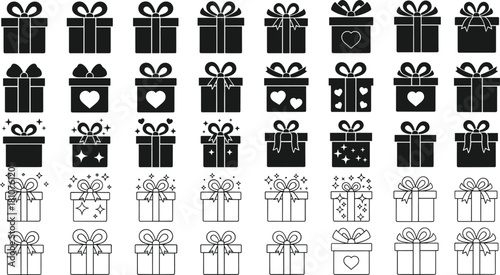Gift box icons set, black silhouettes and outline symbols for birthday, Christmas, and holiday presents, vector illustration.