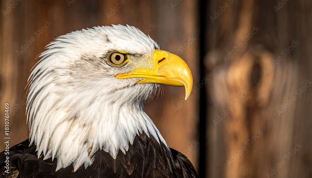 Fototapeta premium Close-up profile portrait of a majestic bald eagle, showcasing its sharp beak and intense gaze.