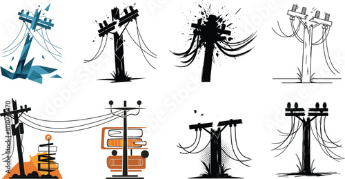 Creative illustration set of damaged and abstract utility poles with power lines, artistic sketch style electrification concept for graphic design