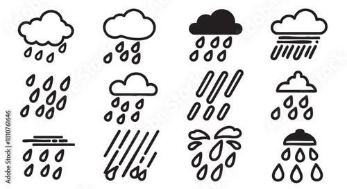 Set of Rain Cloud Line Icons Vector Illustration Weather Concept