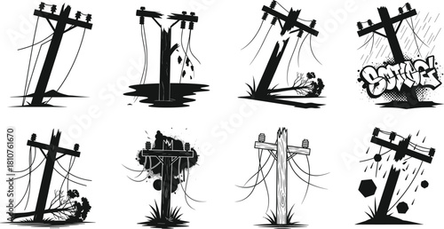 Damaged broken power pole illustration showing fallen utility lines, destruction effects, distressed electrical infrastructure artwork for disaster, accident, and energy failure concepts