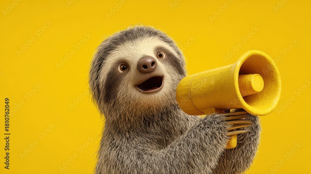 Naklejka premium Sloth joyfully holding a yellow megaphone against a bright yellow background