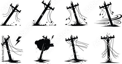 Damaged utility poles illustration set with broken wires, electric shock effects, leaning wooden structures, dramatic silhouette design for graphic artwork
