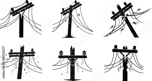 Damaged utility poles with broken wires, black and white vector illustration, electrical failure, infrastructure collapse, safety hazard, engineering concept