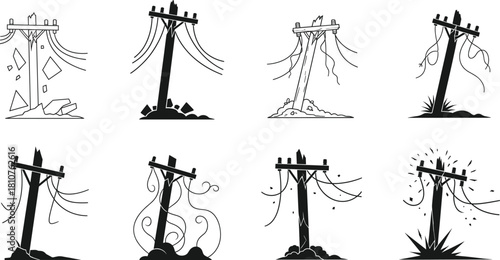 Damaged utility poles with environmental impact, black and white vector illustration, infrastructure failure, wire collapse, disaster scene, silhouette art