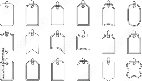 Price Tag and Label Outline Vector Set, Various Shapes for E-commerce, Sale, Shopping, Discount, and Blank Paper Hang Tag Design Elements Collection