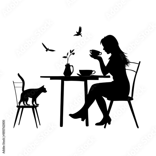 Minimalist black silhouette illustration of woman drinking coffee at a table with cat and birds, peaceful morning cafe scene, relaxing lifestyle concept, simple white background design
