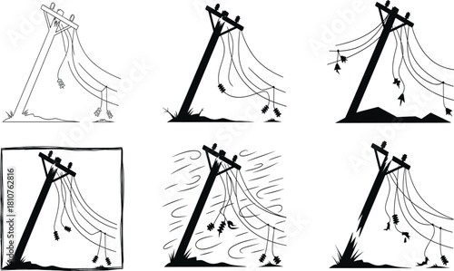 Damaged utility poles with fallen power lines illustration showing storm destruction, electrical infrastructure failure, blackout impact and disaster recovery concept artwork