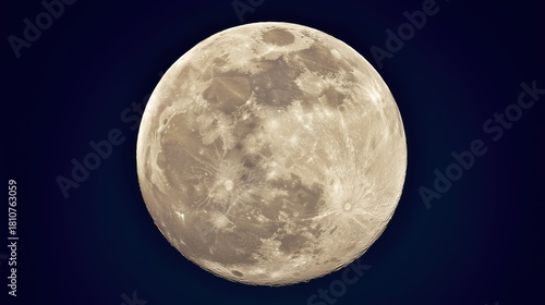 Supermoon detail. A glowing super moon with a sharply detailed lunar surface rising against a dark blue gradient night sky, astronomy, nature, and night-sky concepts.