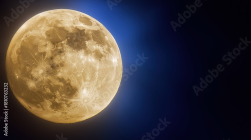 Supermoon detail. A glowing super moon with a sharply detailed lunar surface rising against a dark blue gradient night sky, astronomy, nature, and night-sky concepts.
