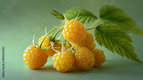 Fresh yellow raspberries arranged on a green background display vibrant colors