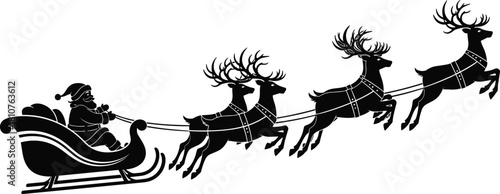 Santa Claus silhouette riding sleigh with three reindeer, flying Christmas scene, festive winter holiday illustration, black decorative seasonal artwork