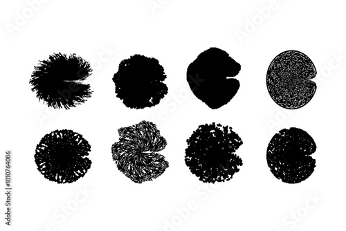Collection of eight unique black fingerprint stamps on a white background