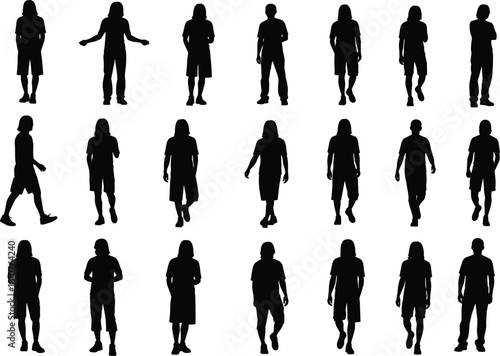 Human walking silhouette, standing pose, black figure, motion study, gait analysis, animation reference, walking cycle, posture variation, white background, vector art