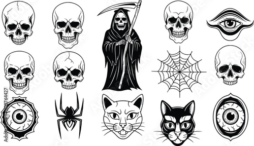Skull illustration, grim reaper drawing, gothic artwork, spider web design, cat face sketch, horror tattoo, Halloween vector, dark art