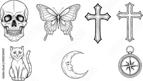 Skull illustration, butterfly drawing, Christian cross symbols, sitting cat artwork, crescent moon face, compass design, black white vector art