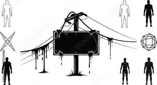 Dripping damaged signboard with power pole and wires surrounded by various human silhouettes and geometric figures, abstract vector illustration design concept