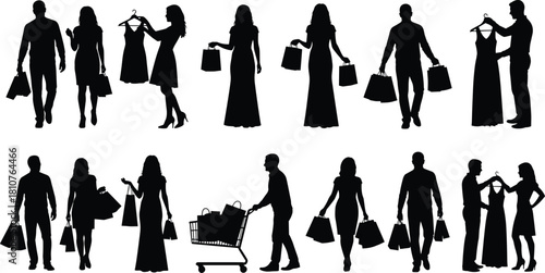 Silhouette people shopping with bags, fashion buyers walking, men and women choosing dresses, retail consumer activity, black isolated figures illustration