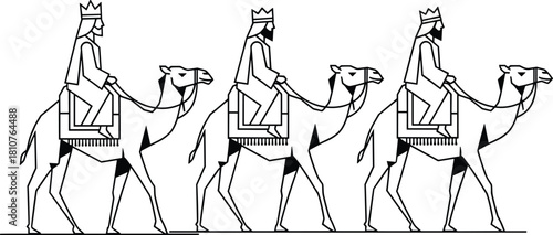 The Three Kings or Magi Riding Camels Black and White Line Art Simple Minimalist Illustration Nativity Christmas Epiphany, EPS 10