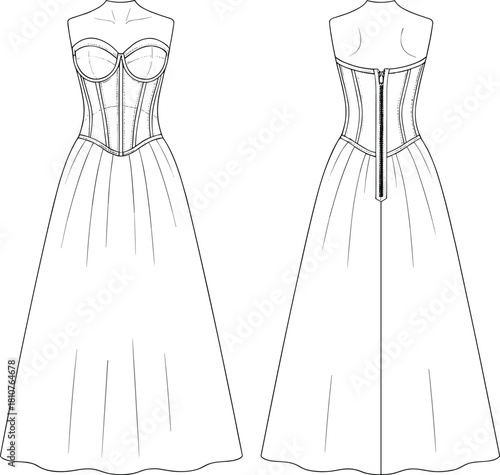 Strapless gown fashion sketch, corset bodice, pleated skirt, technical illustration, front view, back view, garment design, dress construction