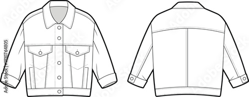Denim cropped trucker jacket fashion flat, front and back technical cad drawing with flap pockets and collar, clean outline apparel mockup vector for production