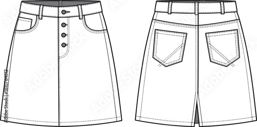 Denim A-line skirt CAD flat with button-front closure, side curved pocket, back patch pockets, belt loops and stitched hem, apparel fashion vector illustration