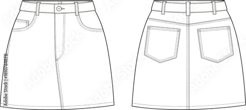 Denim mini skirt CAD fashion flat with front coin pocket and back patch pockets including waistband belt loops and double topstitch sewing pattern vector illustration