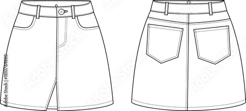 Denim mini skirt CAD flat with front slit opening, belt loops, five pocket construction and back patch pockets sewing pattern technical vector illustration