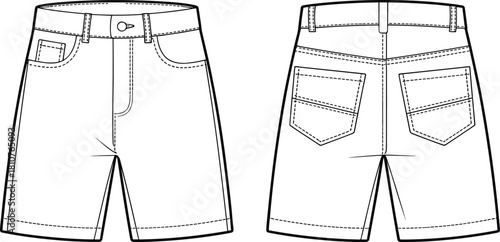 Denim shorts technical flat, vector fashion CAD, front and back view jeans short design template, detailed stitch illustration for apparel pattern designers, clothing mockup