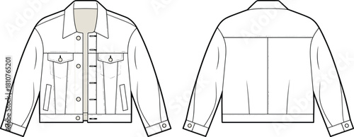 Denim trucker jean jacket flat, button front long sleeve outerwear template with pockets, clean cad vector technical drawing front and back for apparel production