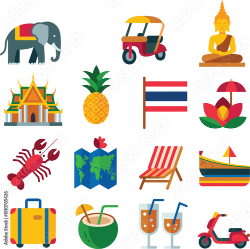 Thailand travel icons, cultural symbols, elephant, tuk tuk, Buddha statue, temple, pineapple, flag, lotus, lobster, map, beach, boat, suitcase, coconut, drinks, 
