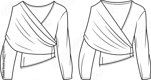 Draped wrap top fashion CAD flat with asymmetric hem, long sleeves and crossover front, technical apparel drawing for sewing pattern and garment construction guide