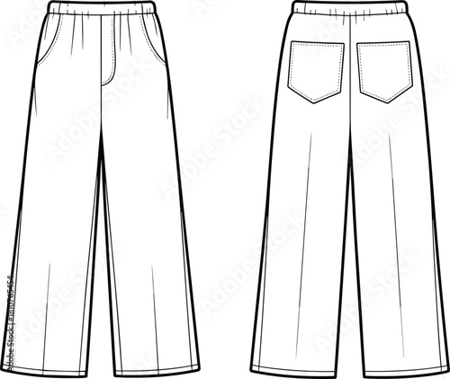 Elastic waist wide leg women pants fashion flat with side pockets and back patch pockets sewing tech pack upload ready, cad drawing flat vector illustration