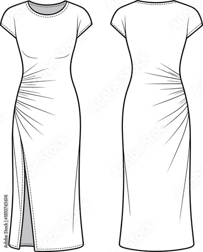 Elegant ruched long dress front and back flat fashion technical sketch with short sleeves and side slit for apparel design and pattern making, cad drawing flat vector illustration