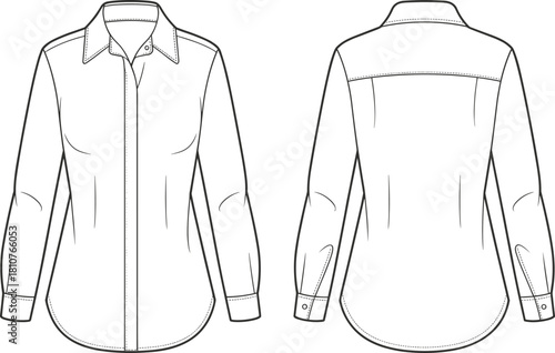 Fashion Technical Flat Drawing of a Classic Long-Sleeved Women's Blouse or Shirt with a Collar, Button-Down Placket, and Cuff Detail, Vector Illustration