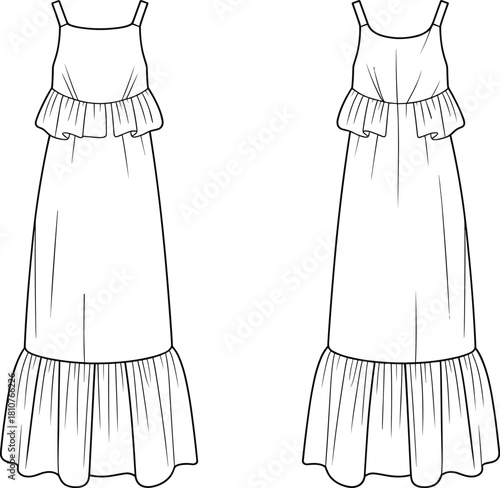 Fashion technical flat, long ruffle tier dress front and back view, sleeveless maxi garment, apparel CAD template for sewing and pattern design reference