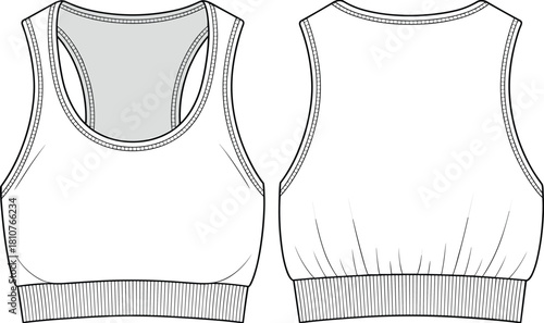 Fashion Technical Flat Drawing of a Women's Racerback Sports Bra with Wide Shoulder Straps and a Ribbed Elastic Hem Band, Vector Illustration