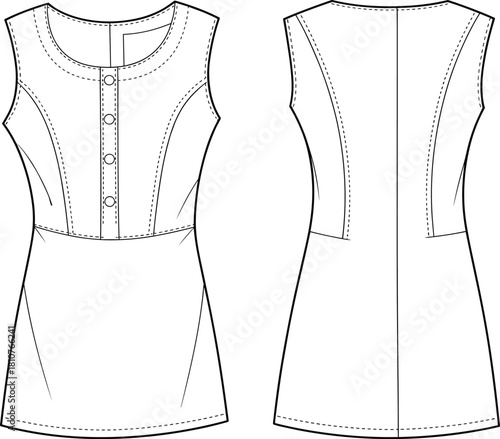 Fitted Sleeveless Mini Dress Technical Fashion Sketch Vector Illustration Template, Front and Back View CAD Drawing, Round Neckline Tunic with Button Placket Apparel Flat