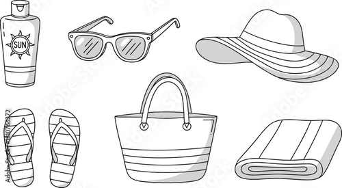 PrintSummer beach essentials illustration featuring sun lotion, sunglasses, flip-flops, wide-brim hat, beach bag, and towel, simple clean vacation line art design