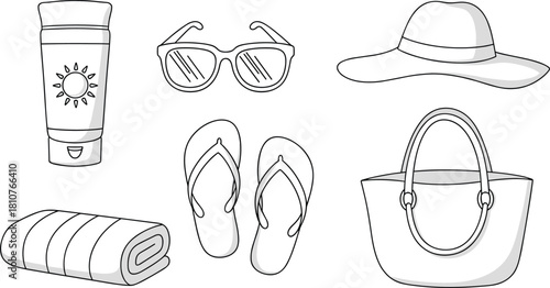 PrintSummer beach essentials illustration featuring sunscreen, sunglasses, flip-flops, sun hat, towel, and beach bag in clean simple minimalist line art style