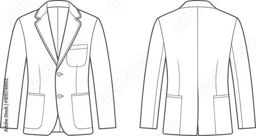 Formal blazer front and back flat sketch, men’s suit jacket vector template with pockets and lapel design, classic fashion technical outline, cad drawing flat vector illustration