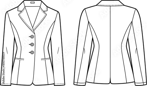 Formal blazer jacket CAD drawing, front and back flat vector illustration, tailored fashion template, professional apparel design, garment technical sketch
