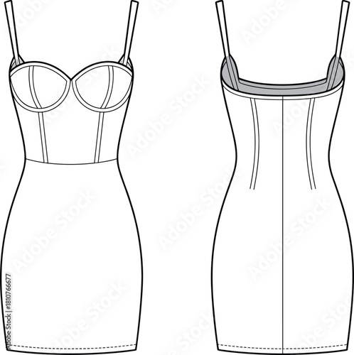 Front and back bustier bodycon dress CAD flat with structured cups, princess seams and spaghetti straps, clean sewing pattern outline for garment design