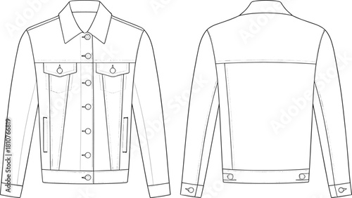 Front and back denim jacket flat sketch, long sleeve fashion technical drawing, detailed buttoned outerwear design template, cad drawing flat vector illustration