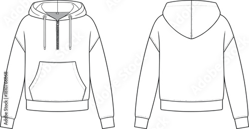 Front and back half zip hoodie technical flat sketch, fashion cad drawing vector template, unisex sweatshirt outline, clothing pattern illustration for apparel design and garment production