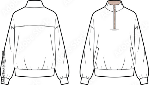 Front and back half zip pullover technical flat sketch, fashion cad drawing vector template, unisex sweatshirt outline, clothing pattern illustration for apparel design and garment production