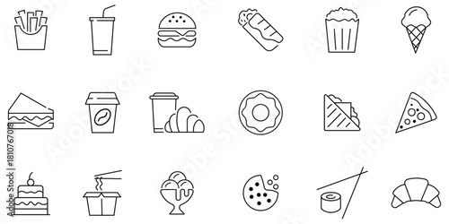 Collation of fast food vector icon line set. Containing as burger, donut, pizza, french fries, hot dog, ice cream, kabab and more. Outline set of food courts icons for web design. Vector illustration.