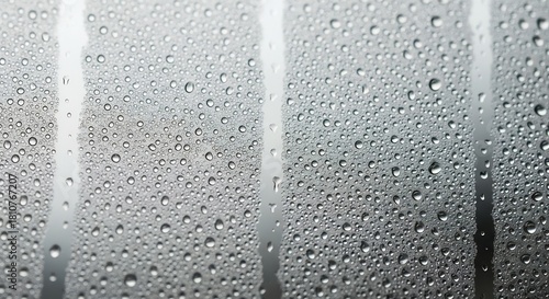 Numerous water droplets cover a glass surface obscuring the view beyond Streaks of wiped areas offer glimpses through