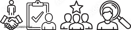 Minimalist Black Outline Icons: People, Clipboard, Star, Search, Handshake