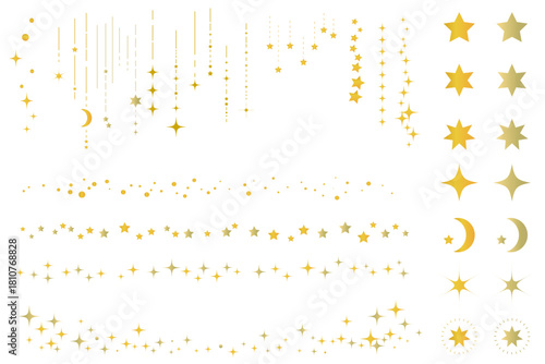星空をイメージしたシンプルな飾り罫線・ラインのイラストセット　キラキラ　点線